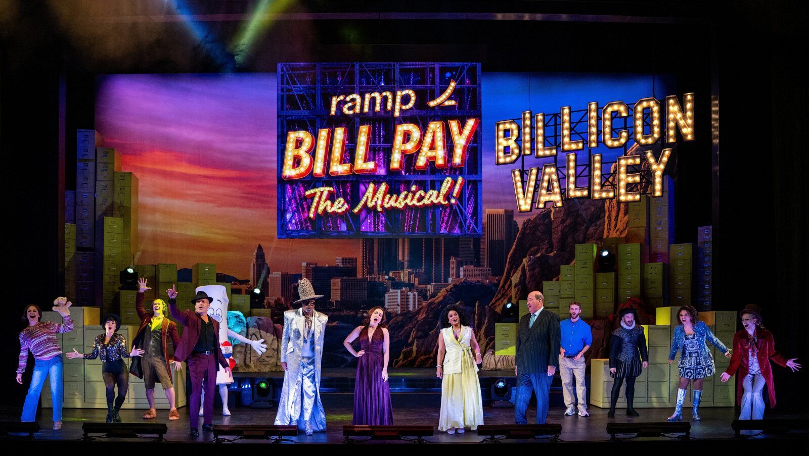 The company of Bill Pay The Musical on stage at the Broadhurst Theatre